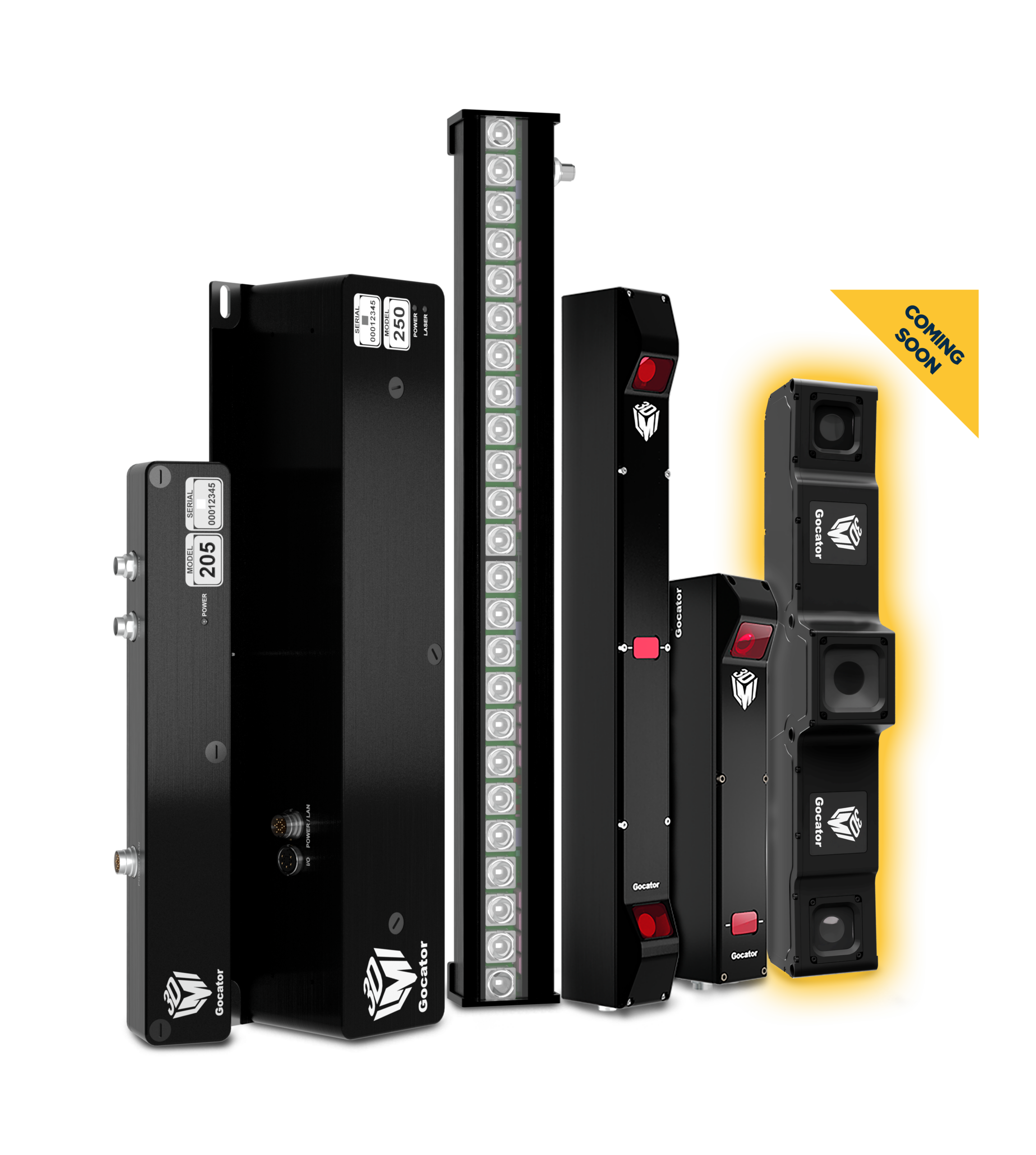 Assorted industrial automation modules arranged vertically, including black control units and a LED-lit strip, with a bright yellow 'Coming Soon' badge on the side.