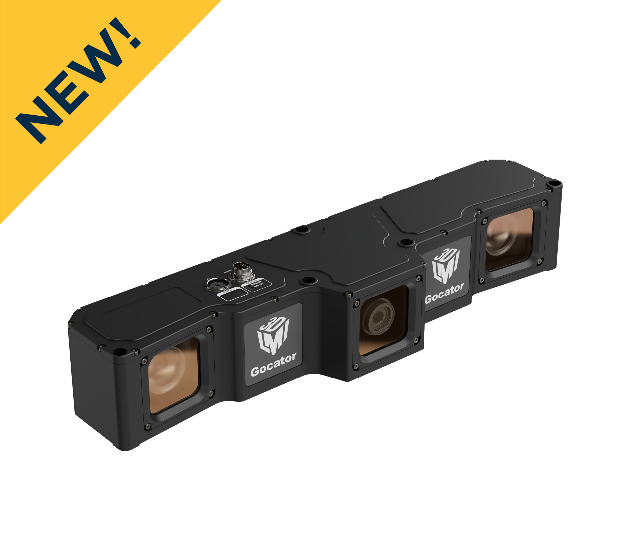 New GoCator imaging module shown at an angle with a yellow 'NEW!' banner across the top-left corner against a black background.